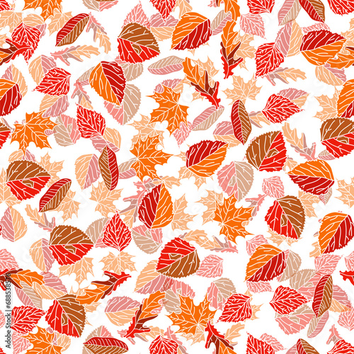 Vector hand drawn seamless pattern of fall leaves of birch, oak, maple, ash trees