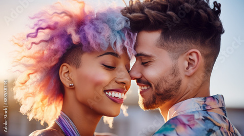 Young couple with colorful hair. Multiethnic people in love hugging on Valentine's Day.