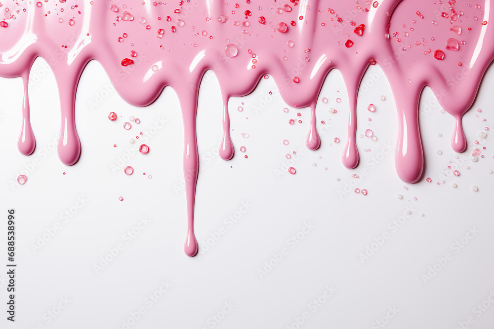 Pink confectionery glaze flows down on a white background. Generated by artificial intelligence - obrazy, fototapety, plakaty 