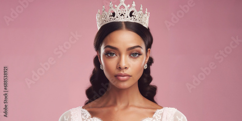 Elegant beauty queen with a sparkling crown, poised and regal.