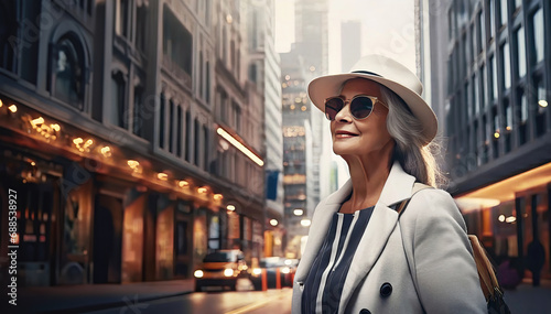 Elegant senior woman in the business district of the city