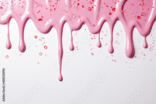 Pink confectionery glaze flows down on a white background. Generated by artificial intelligence photo