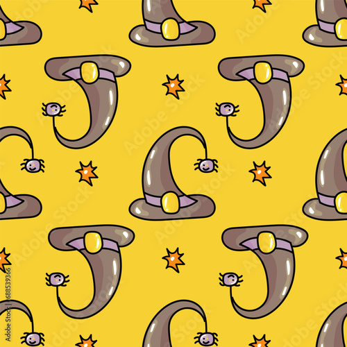 Hand drawn cute seamless pattern with cartoon Witch Hat and spider in doodle design