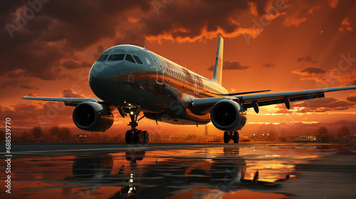 Airplane Landing On Runway At Golden Hour of Sunset on Blurry Background