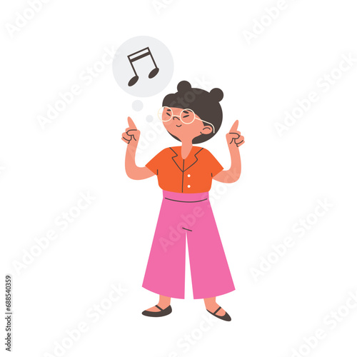 Young girl show hands gesture upward while try to guess song.