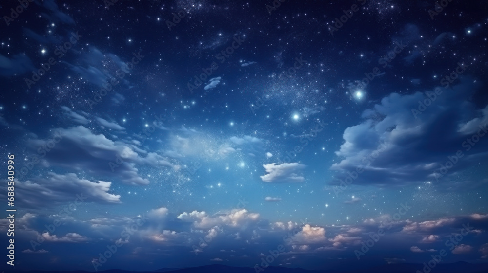 Stars in the night sky. Fluffy clouds at night against a dark blue sky with stars background. Background night sky with stars and clouds. Stars in the night sky. Fluffy clouds at night against a dark blue sky with stars background. Background night sky with stars and clouds.