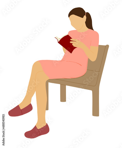 Happy long hair young woman reading a book on a bench at park. campus university student weekend activity leisure time.