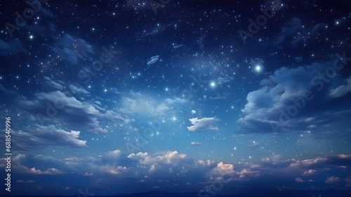 Stars in the night sky. Fluffy clouds at night against a dark blue sky with stars background. Background night sky with stars and clouds.