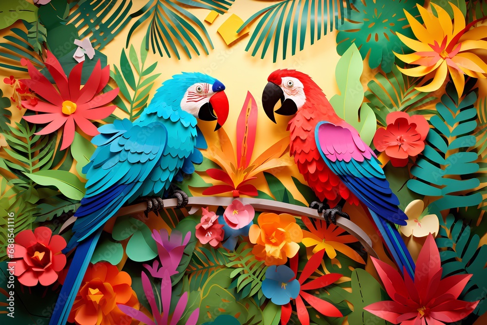 Fototapeta premium 南国のカラフルな鳥と花 