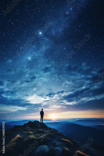 Stars in the night sky. Man standing on top of mountain cliff and admire night sky with stars and meteor shower.