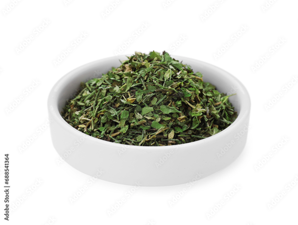 Dried aromatic parsley in bowl isolated on white Dried aromatic parsley in bowl isolated on white