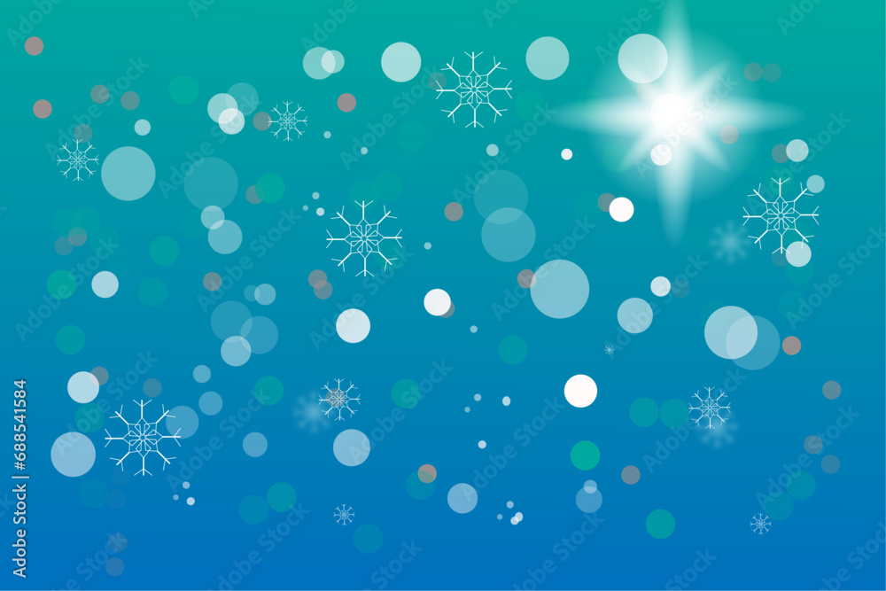 Abstract bokeh lights with snowflakes on green and blue gradient background
