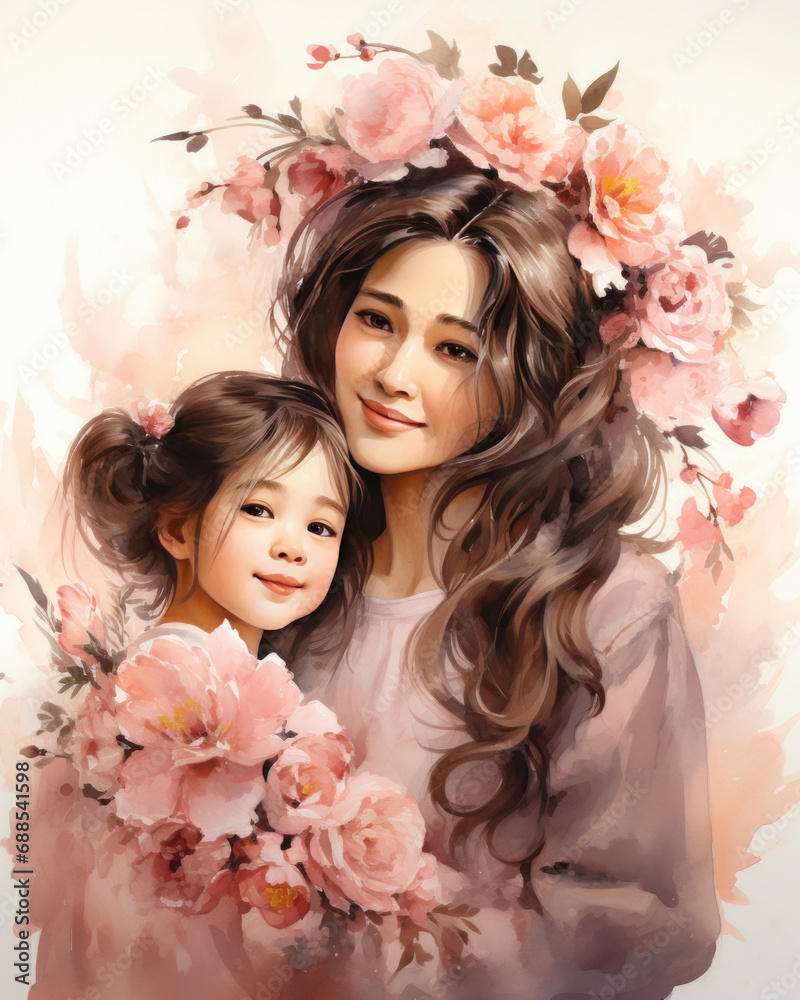 Fototapeta premium Portraits of mother and daughter for Mother's Day, watercolor illustration in pastel colors
