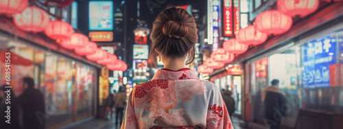 Asian woman wearing japanese traditional kimono at kyoto,night city in new year japan
 photo