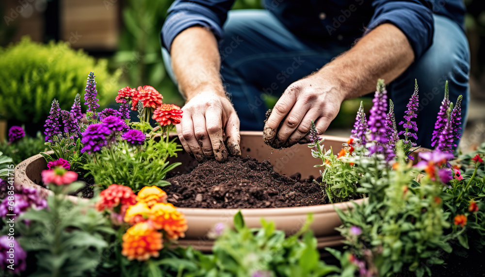 Hand digging soil for planting flower in pot Hand digging soil for planting flower in pot
