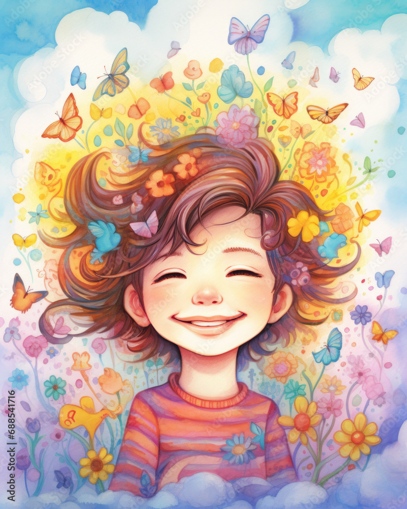 Portrait of a little girl with flowers and butterflies, watercolor illustration in pastel colors