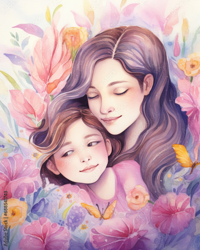 Portraits of mother and daughter for Mother's Day, watercolor illustration in pastel colors Portraits of mother and daughter for Mother's Day, watercolor illustration in pastel colors