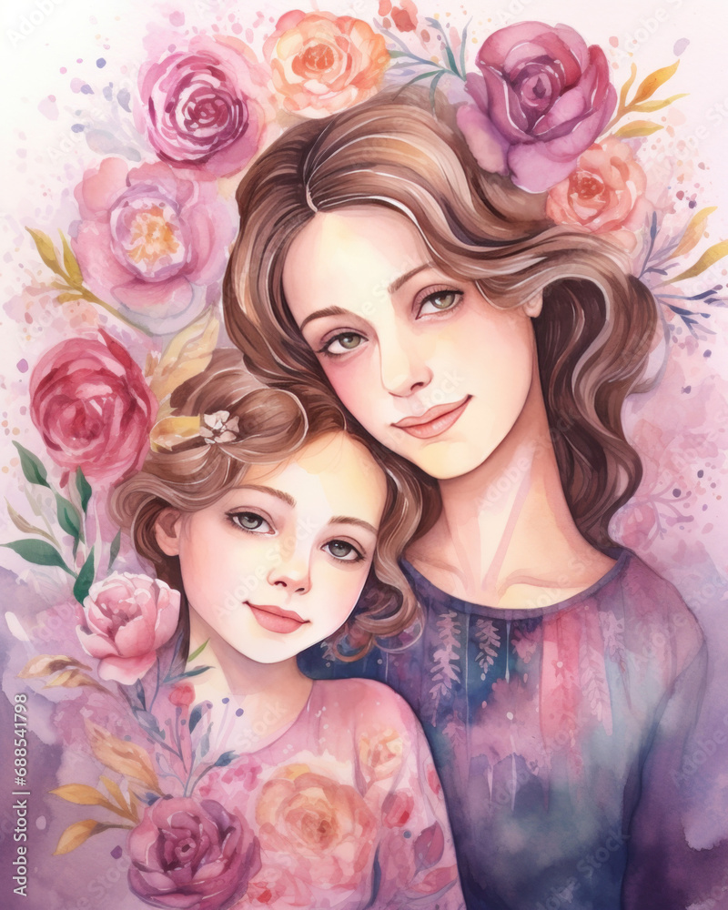 Portraits of mother and daughter for Mother's Day, watercolor illustration in pastel colors