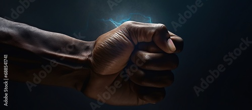 Close-up of a male hand clenched into a fist on a dark background photo