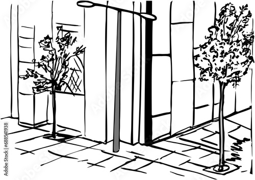 Ink lines cityscape at the corner of a modern glass office building with young maple trees and a lantern