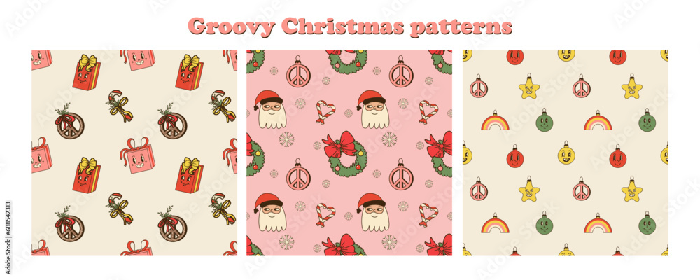 Groovy Christmas seamless pattern. Comic retro winter characters and decorative elements. Hippie decor textile, wrapping paper, wallpaper design. Cartoon vector in 70s 80s, xmas background