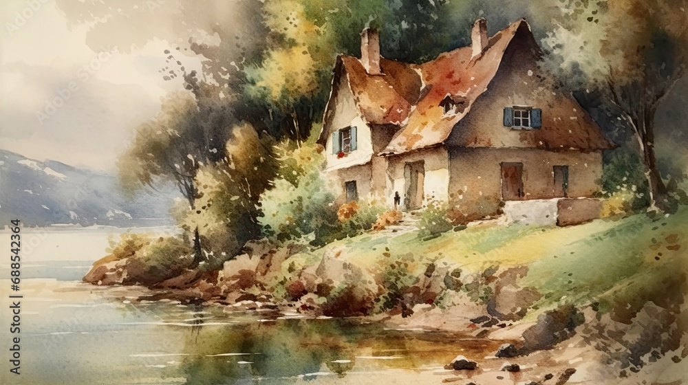 Beautiful watercolors of a house on the edge of an lake