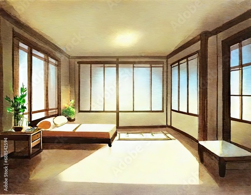 Watercolor of an anime style room with glow 