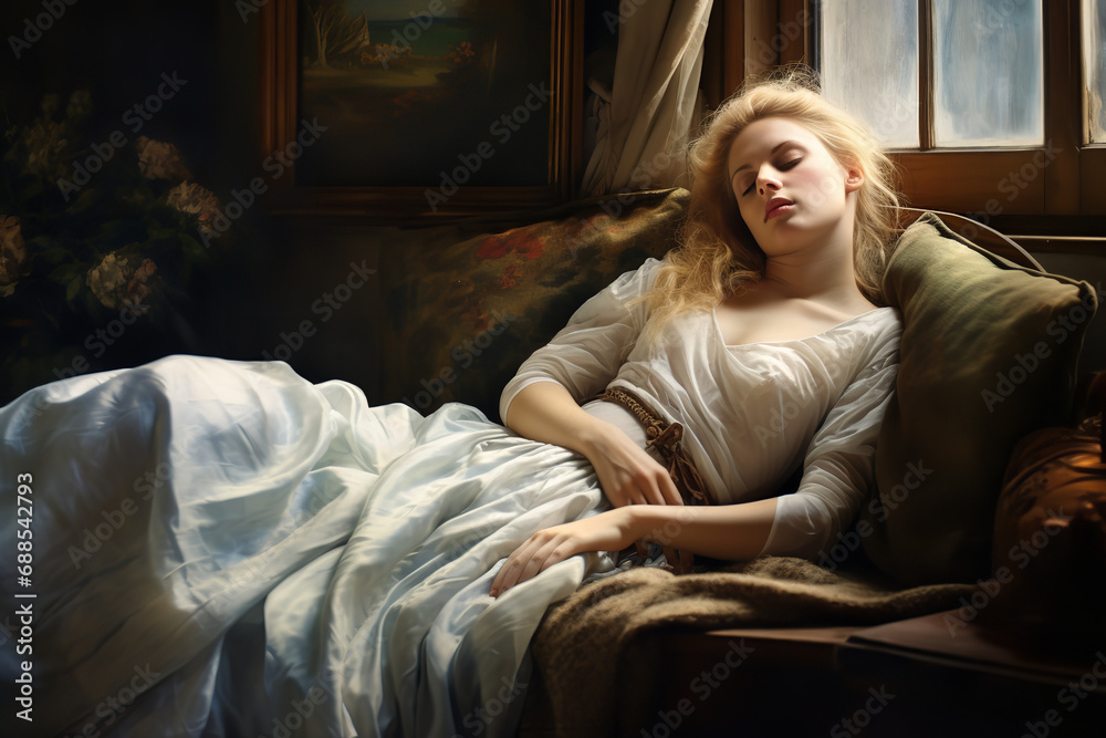 Obraz premium A tranquil scene of an afternoon siesta taken in a cozy corner, embodying peaceful slumber and quietude, offering a much-needed break from the daily hustle and a restful pause.
