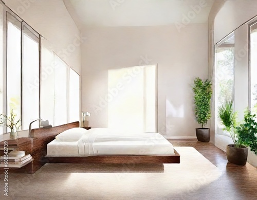 Watercolor of Modern bedroom interior boasting a stylish AI © Bualong