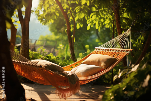  A tranquil scene of nap time in a cozy hammock, swayed by a gentle breeze, embodying the epitome of outdoor relaxation and the essence of a lazy afternoon. 
