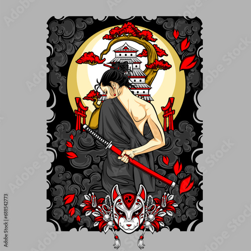 samurai girl illustration for t shirt design