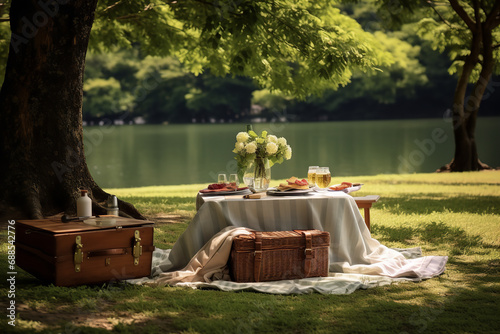 A relaxing riverside picnic set to the soothing sounds of calm waters, embracing nature's tranquility and the simple pleasures of a leisurely mealtime in a serene setting