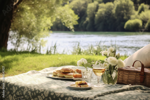 
A lazy picnic set in a serene park, featuring casual outdoor dining and relaxing under the shade of trees, capturing the simple pleasures of life in a peaceful setting.
