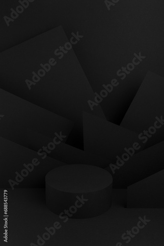 Abstract one black round podium for cosmetic products with geometric pattern on wall, mockup on black background. Scene for presentation products, goods, advertising, design in  contemporary style. © finepoints