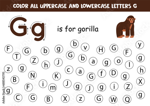 Find and dot all letters G. Educational worksheet for learning alphabet. Cute gorilla.
