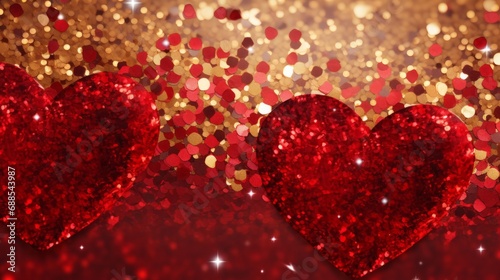 Festive sparkling background for Valentine's Day with red and gold sequins and hearts. Banner