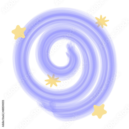 Magic purple dust. The circle is twisted into a spiral. Decoration of yellow stars and snowflakes. Color vector illustration. Flat style. Creating a festive atmosphere. Isolated background. 