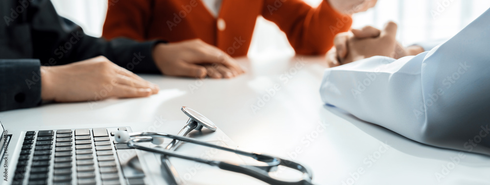 Couple attend fertility or medical consultation with gynecologist at hospital as family planning care for pregnancy. Husband and wife consoling each other through doctor appointment. Panorama Rigid - obrazy, fototapety, plakaty 