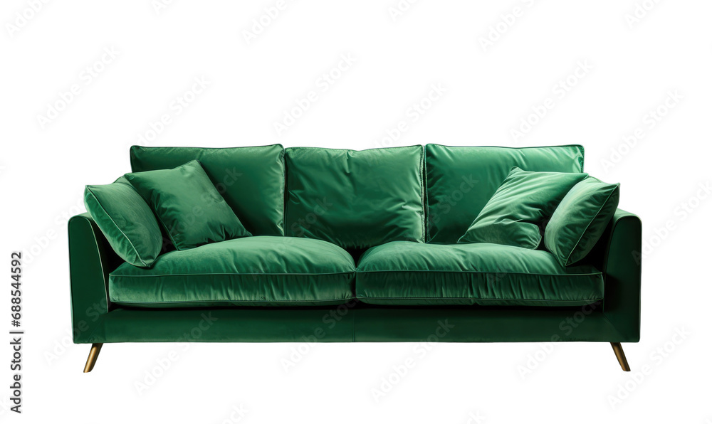 Elegant emerald green velvet sofa with plush cushions and gold feet on a transparent background.