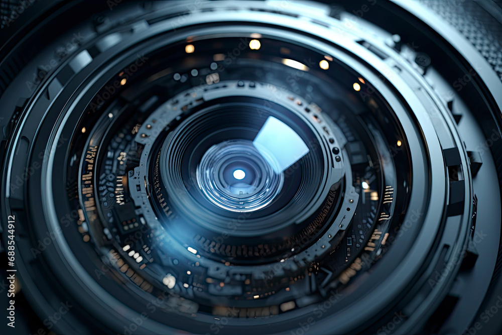 A camera lens with a beautiful close-up optical unit with ai generate, world photography day concept. Camera lens with lense reflections. Close-up of a digital camera. Camera photo lens 3D realistic - obrazy, fototapety, plakaty 