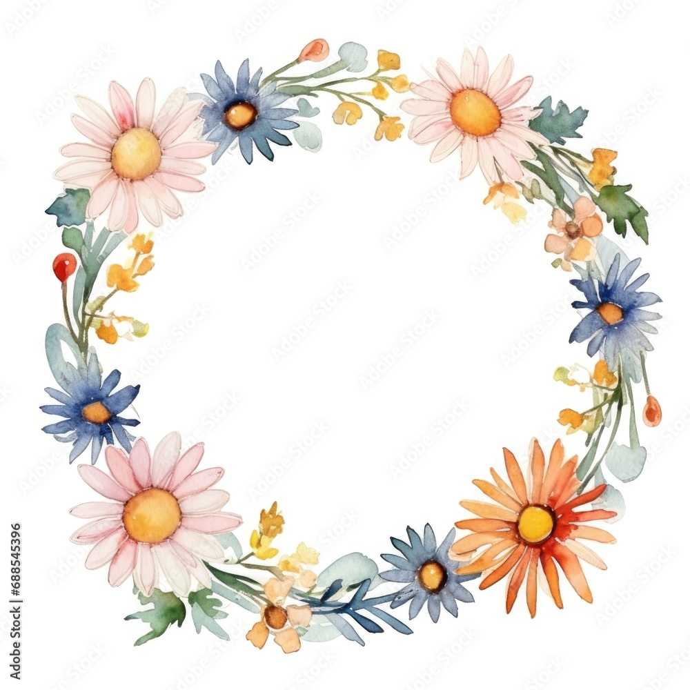 Circle frame of watercolor daisy flowers and leaves on white background. Circle frame of watercolor daisy flowers and leaves on white background.