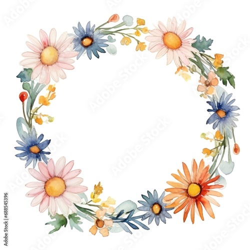 Circle frame of watercolor daisy flowers and leaves on white background. © dashtik