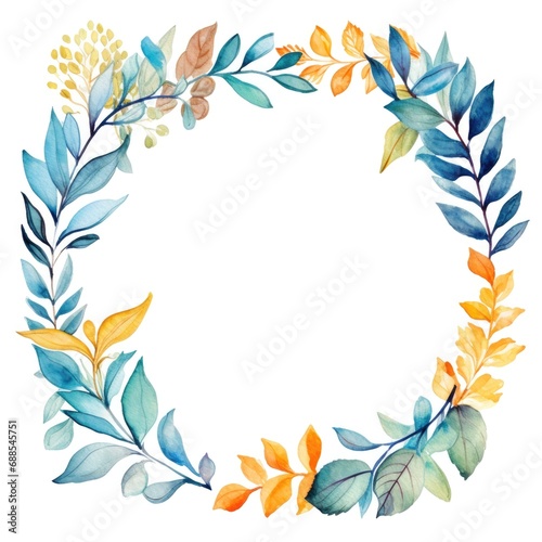 frame of watercolor colorful leaves on white background.