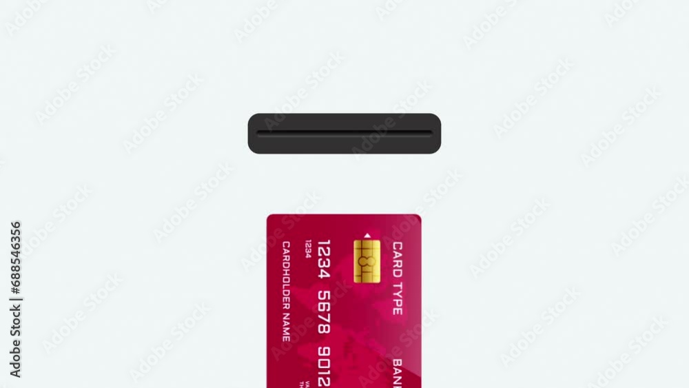 Blue and red Credit card inserted in card reader icon isolated white background. ATM cash machine. 4K Video motion graphic animation. Blue and red Credit card inserted in card reader icon isolated white background. ATM cash machine. 4K Video motion graphic animation.