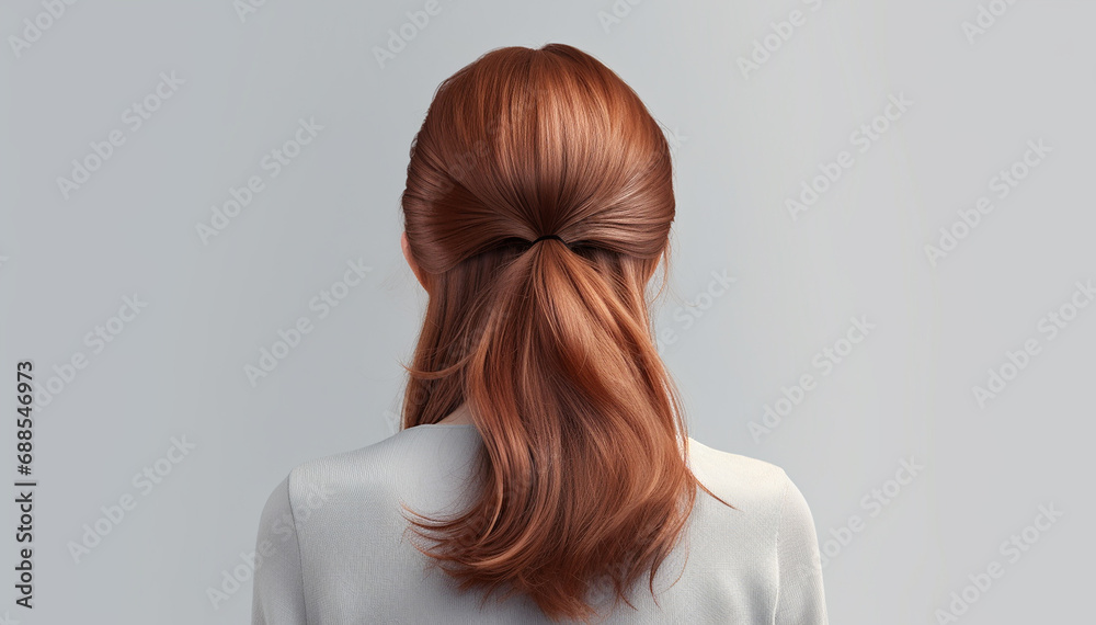 Fototapeta premium Hair back rear view. Woman beautiful brown hair color. Female with long hairstyle. Isolated background. Classic elegant hairdo. Hair extensions for styling. Scalp care and natural haircare. Copy space