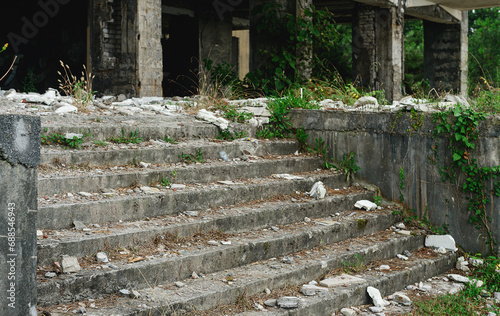 entrance stairway of ruined hotel