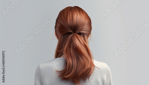 Hair back rear view. Woman beautiful brown hair color. Female with long hairstyle. Isolated background. Classic elegant hairdo. Hair extensions for styling. Scalp care and natural haircare. Copy space