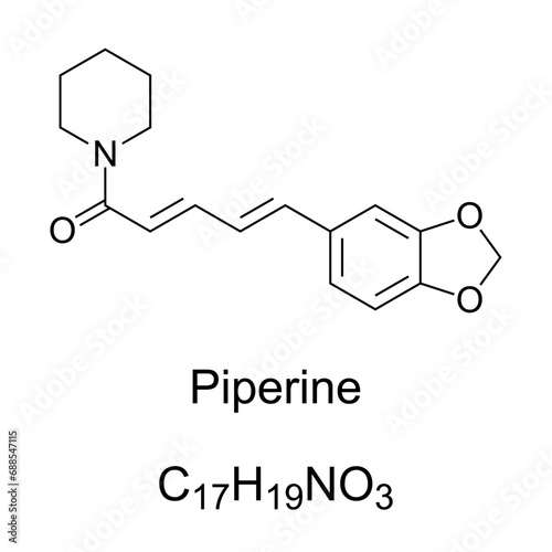 Piperine, chemical formula and skeletal structure. The compound responsible for the pungency of black pepper and long pepper, both used as spice, and also in  some forms of traditional medicine.