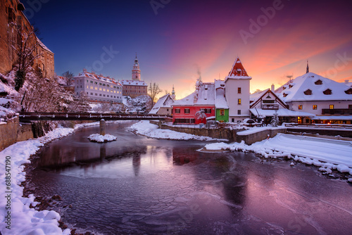 Cesky Krumlov, Czech Republic. Cityscape image of Cesky Krumlov, Czech Republic at beautiful cold winter sunrise.