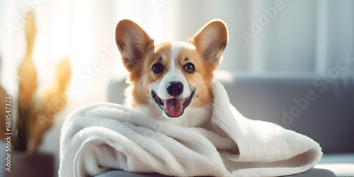 portrait of a dog,Cute corgi dog posing in medical mask. concept healthe lifestyle,ute ginger and white dog of welsh corgi pembroke breed, lying on white cover on the bed, pretty pet butt and back  photo